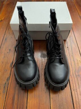 Faux leather combat chunky boots in black